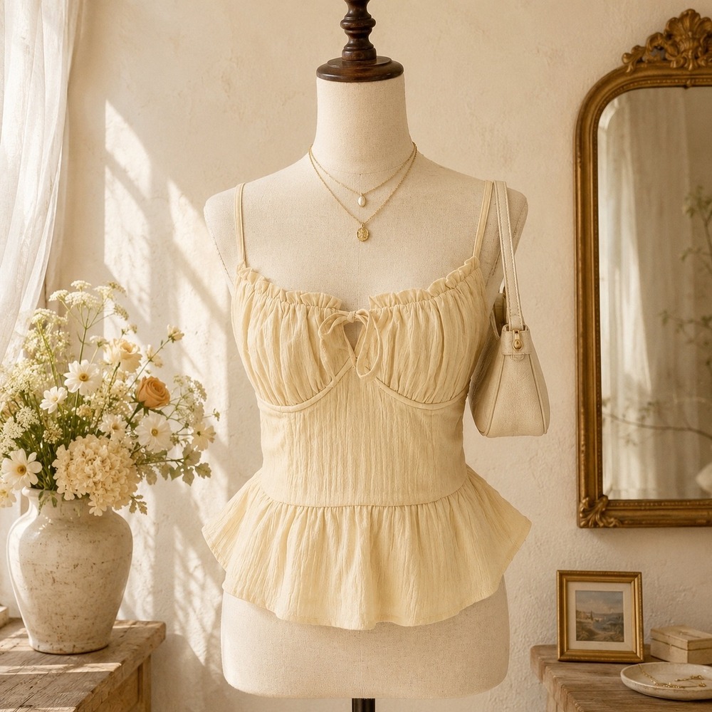 NWT Peplum‎ Bustier Top S Butter Yellow Smocked Milkmaid Coquette Ren Faire Boho